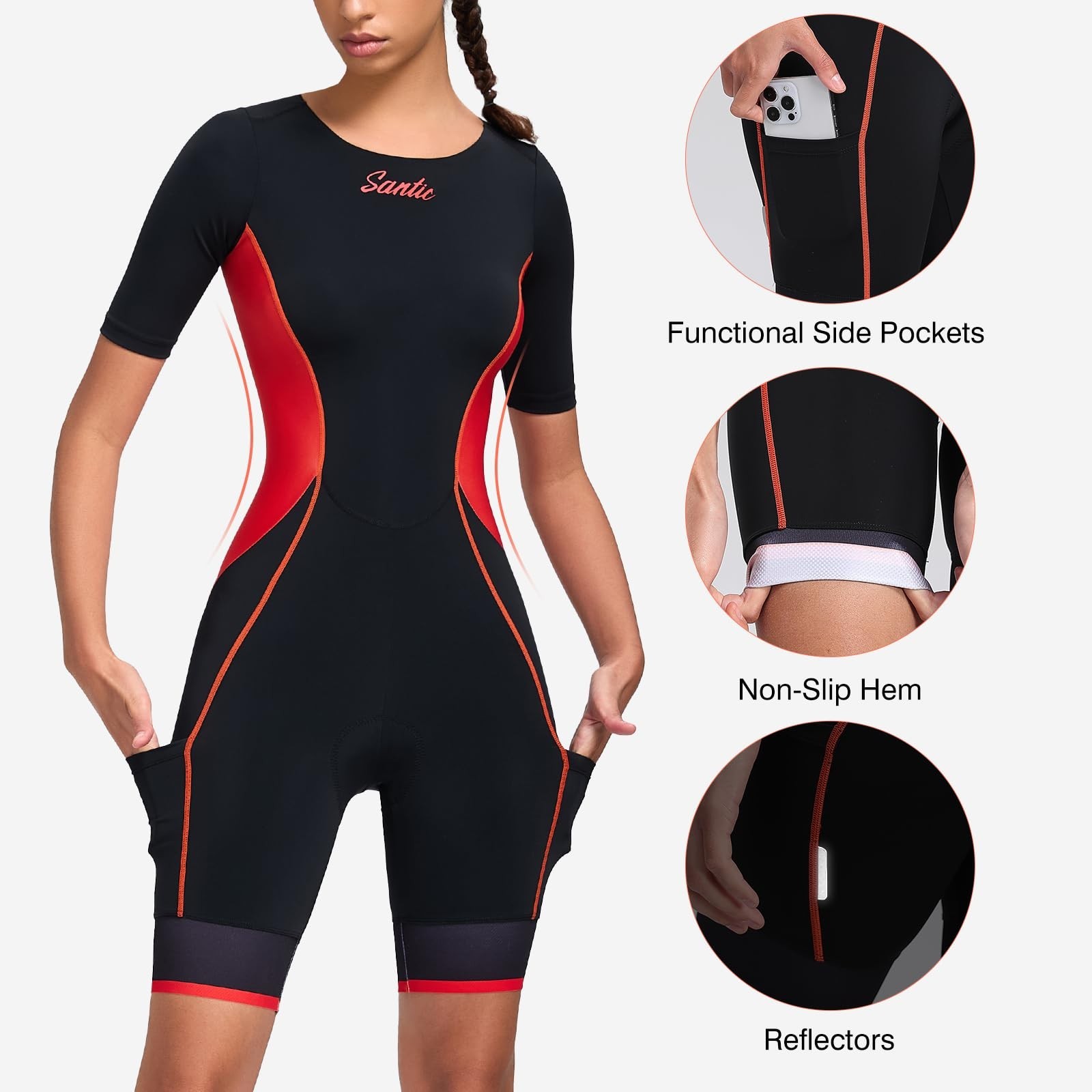 Santic Triathlon Suit for Women Short Sleeve Padded Trisuit Quick-Dry for Swi…