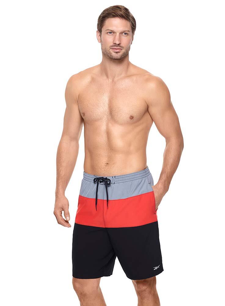 Reebok Men’s UPF 50 Colorblock Volley Elastic Waist Swim Shorts Black Red Small