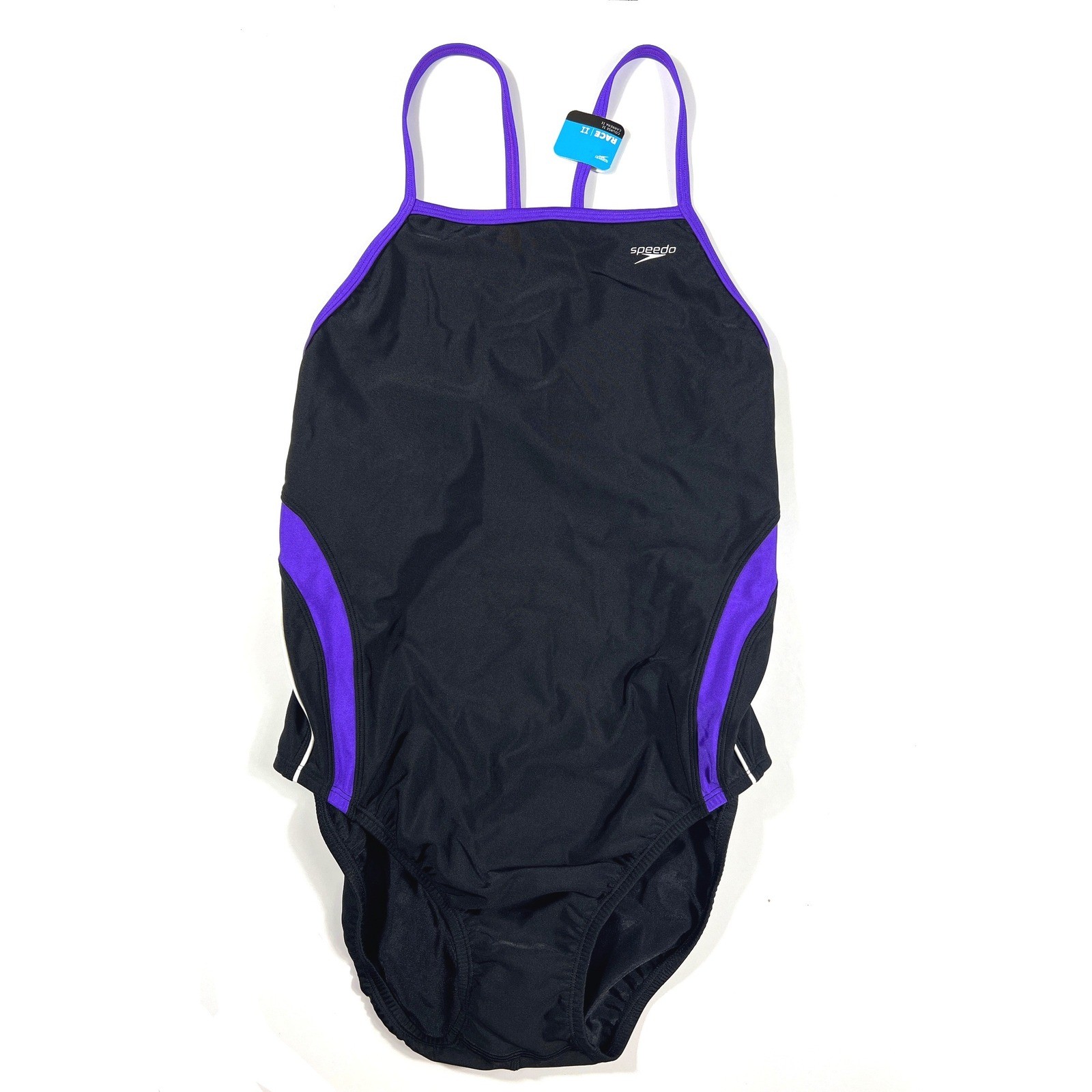 NWT Speedo Race II Powerflex Size 40/14 One Piece Swimsuit Black Purple Traning