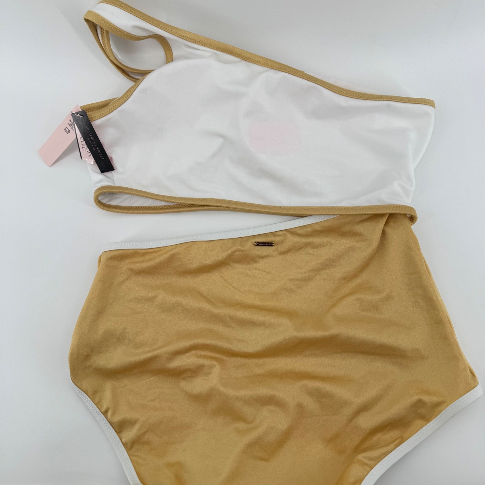 NEW Victorias Secret One Shoulder One-Piece Swimsuit White Gold High Waist Large
