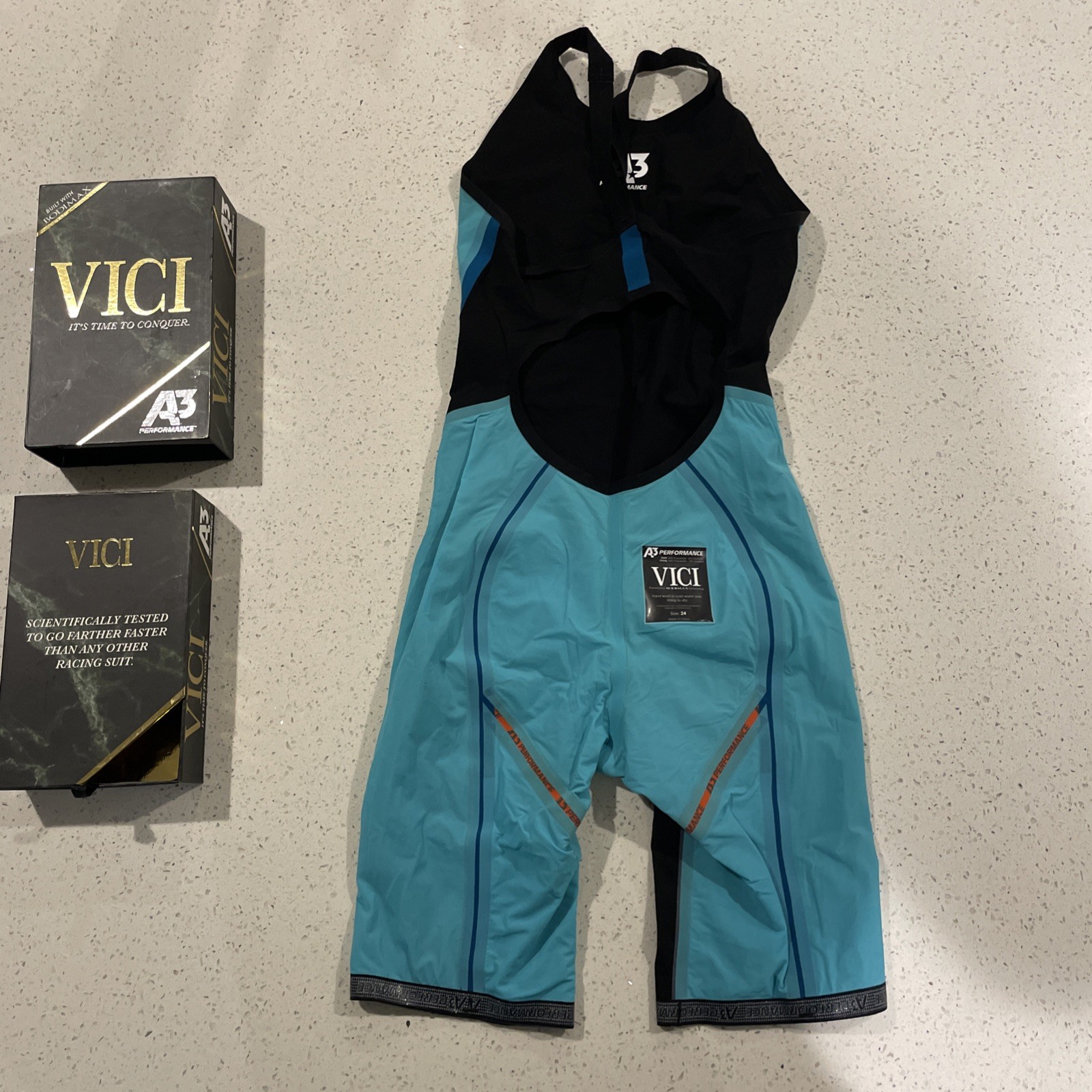 V3 TEAM VICI FEMALE POWERBACK TECHNICAL RACING SWIMSUIT BLACK BLUE SZ 24 Women