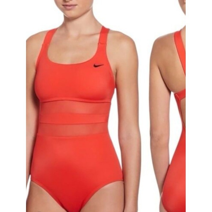 NIKE MESH SOLID EDGE V-BACK SWIMSUIT ONE PIECE CORAL RED SIZE XL NEW COMPETITION