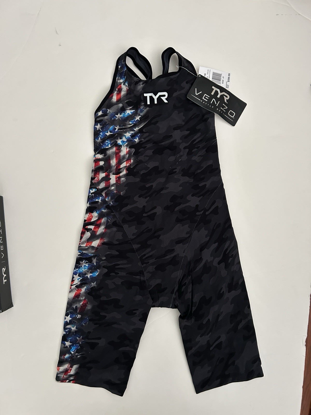 TYR Venzo Women’s Knee Skin Size 27 Black Camo Open Back Swimsuit Swimming NEW