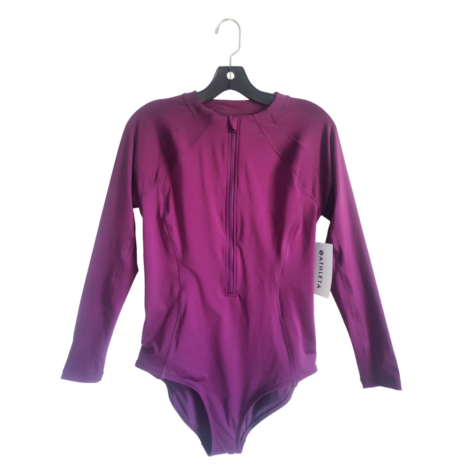 New Athleta Swimsuit Rashgaurd Medium Tall One Piece Purple Long Sleeve Zip