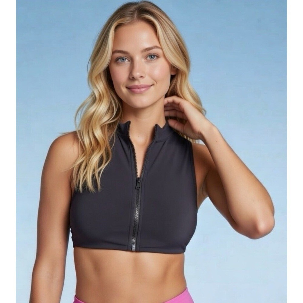 NWT Wild Fable Women’s Zip padded M Medium black Bikini Top Sports Bra Swim