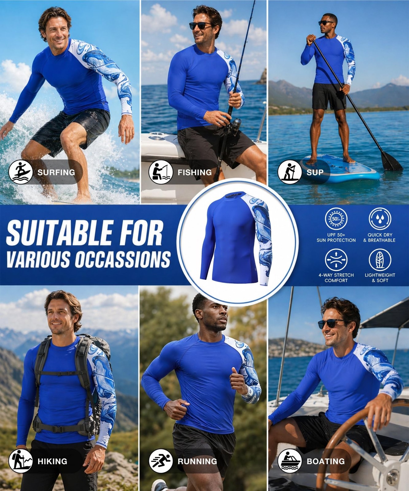 HUGE SPORTS Men’s Swim Shirts Long Sleeve UPF 50+ Rash Guard Sun Shirts UV Su…