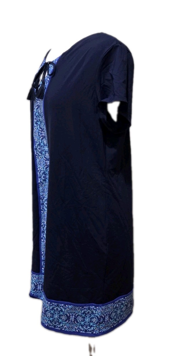 Lands End Size L Swim Dress Cover Up Navy Blue Medallion Floral Trim Tassels