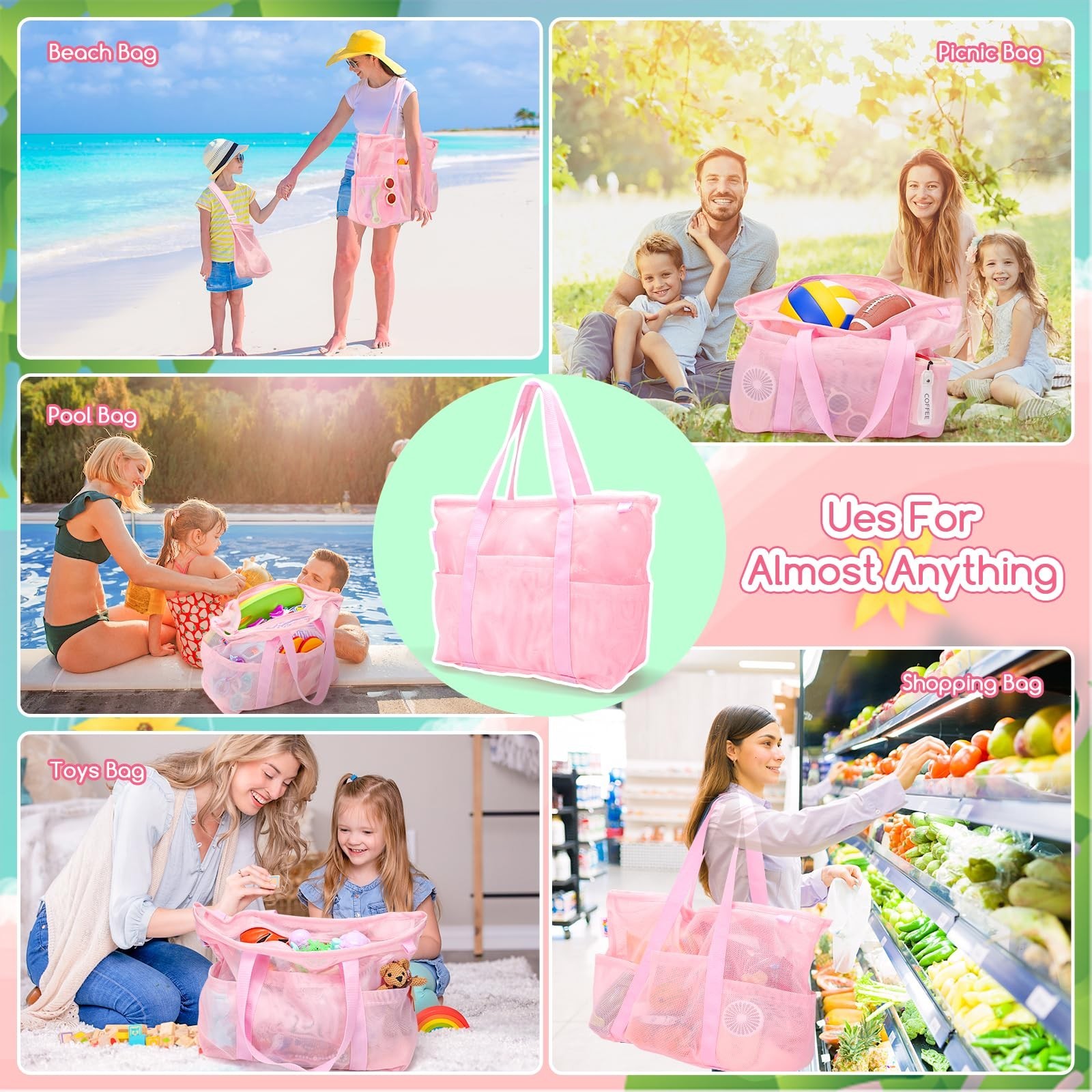 Tagitary Mesh Beach Bag with Zipper and 8 Pockets Yellow & Pink, Large Beach …