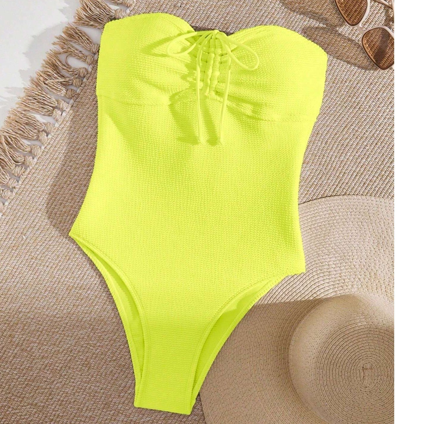 Women’s XL Neon Yellow One-Piece Strapless Swimsuit With Drawstring, Bathing Su