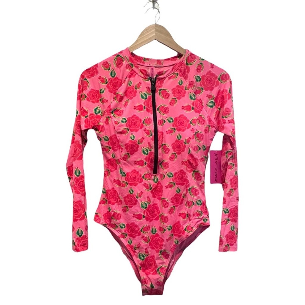 Betsey Johnson Scuba Knit Half Zip Long Sleeve One-Piece Swimsuit Size Large NWT