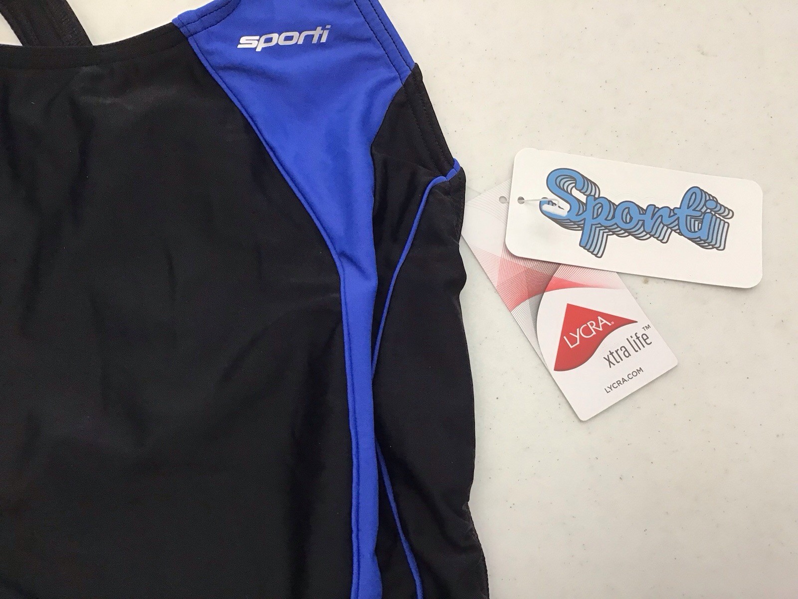 Sporti Solid Piped Wide Strap 1 Pc Swimsuit Black Lycra Xtra Life Sz 32 (C20-23)