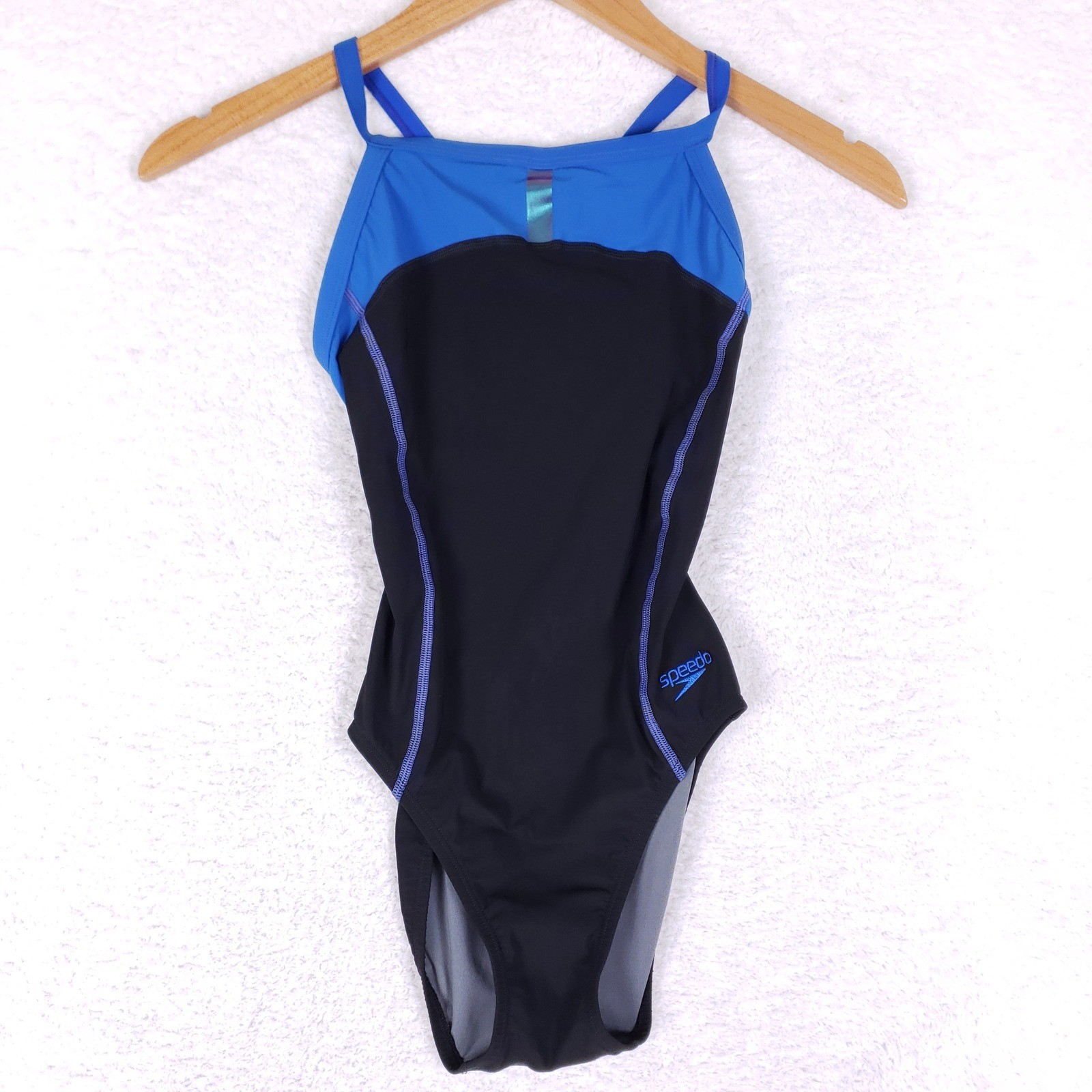 Speedo Womens 26 Black Blue Colorblock Crossback Performance One Piece Swimsuit