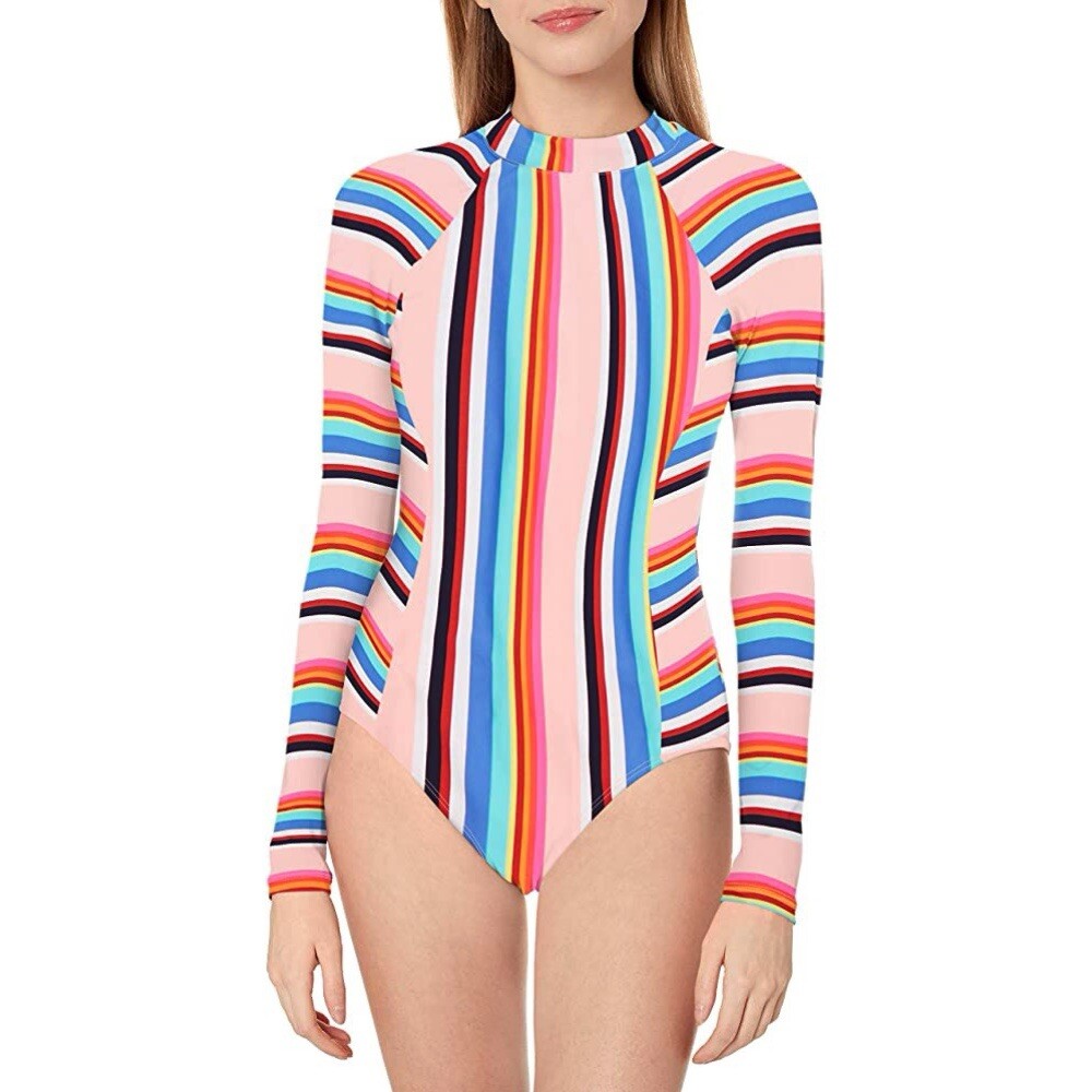Hobie Standard Surf Suit M Multicolor Striped One Piece Swimsuit, Long Sleeve