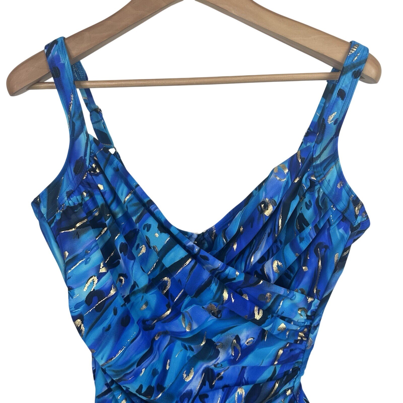 Miraclesuit Animal Magnetism Temptress Wrap One Piece Swimsuit Blue Gold Size 6?