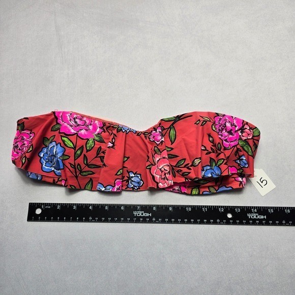No Boundaries Pink Floral Ruffle Bandeau Swim Sports Bra Bikini Top L Large