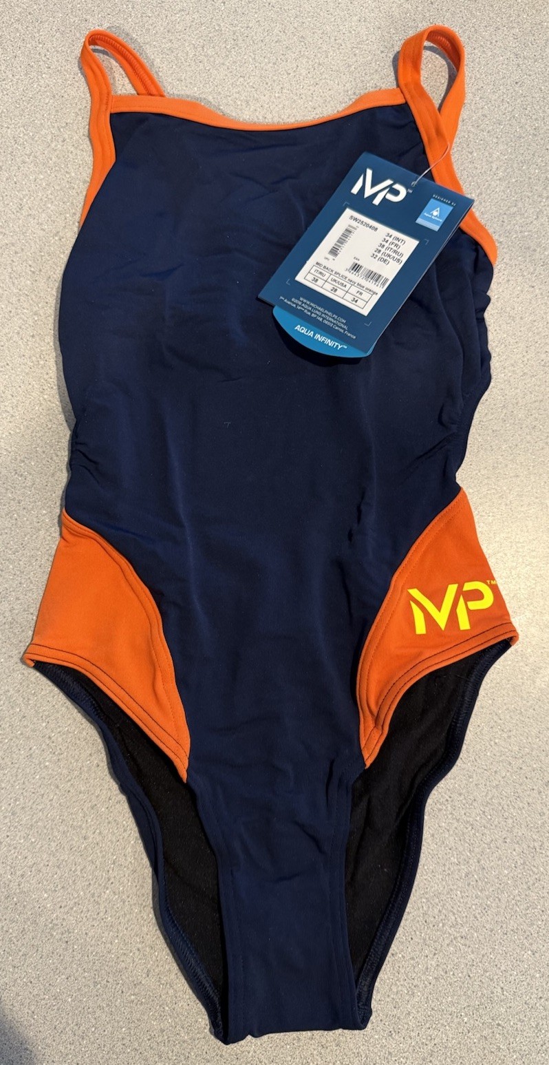 Size 28 Michael Phelps Mid Back Splice Navy Blue Orange Swimsuit NWT