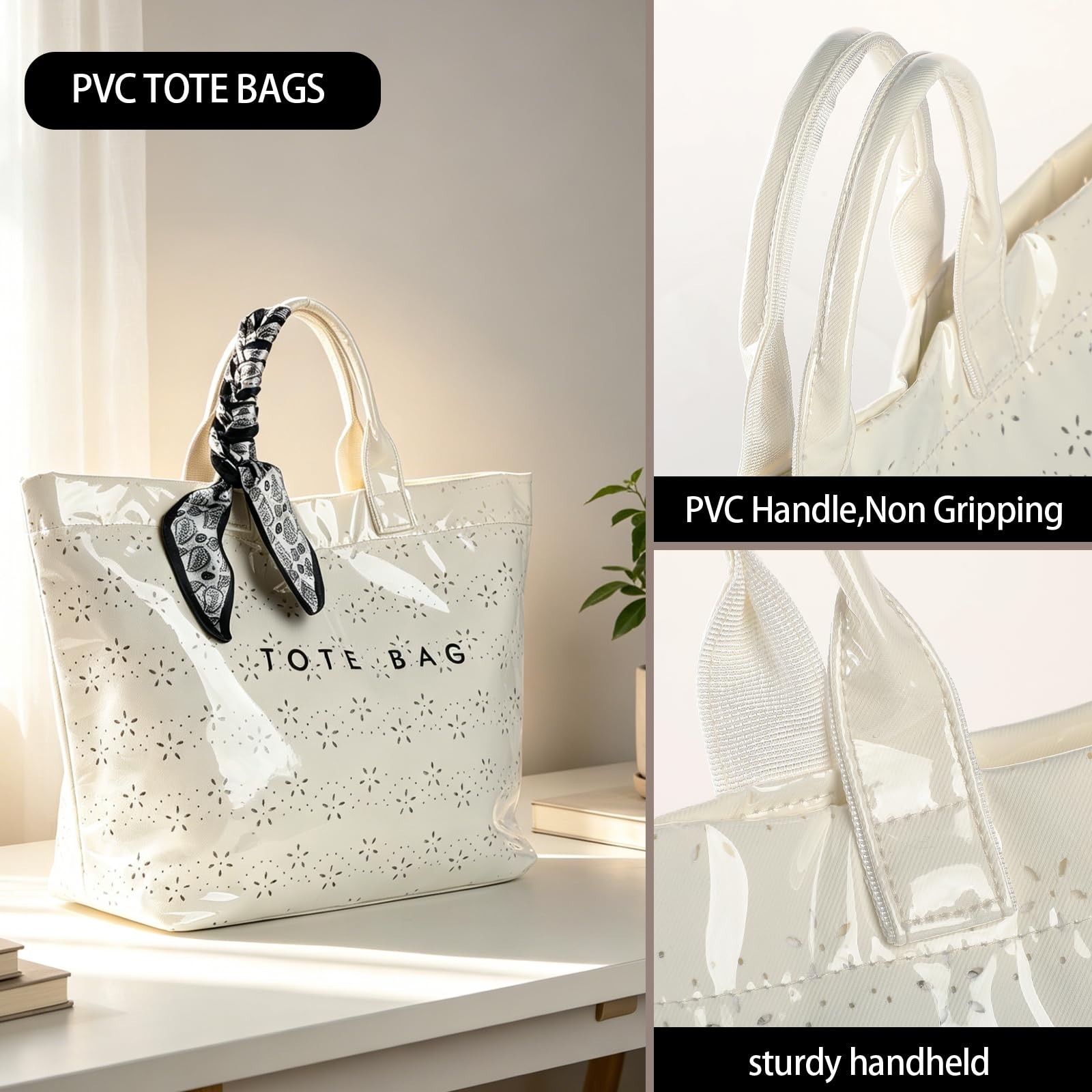 PVC Tote Bag for Women, Large Waterproof Beach Tote Bag with Handle Beige