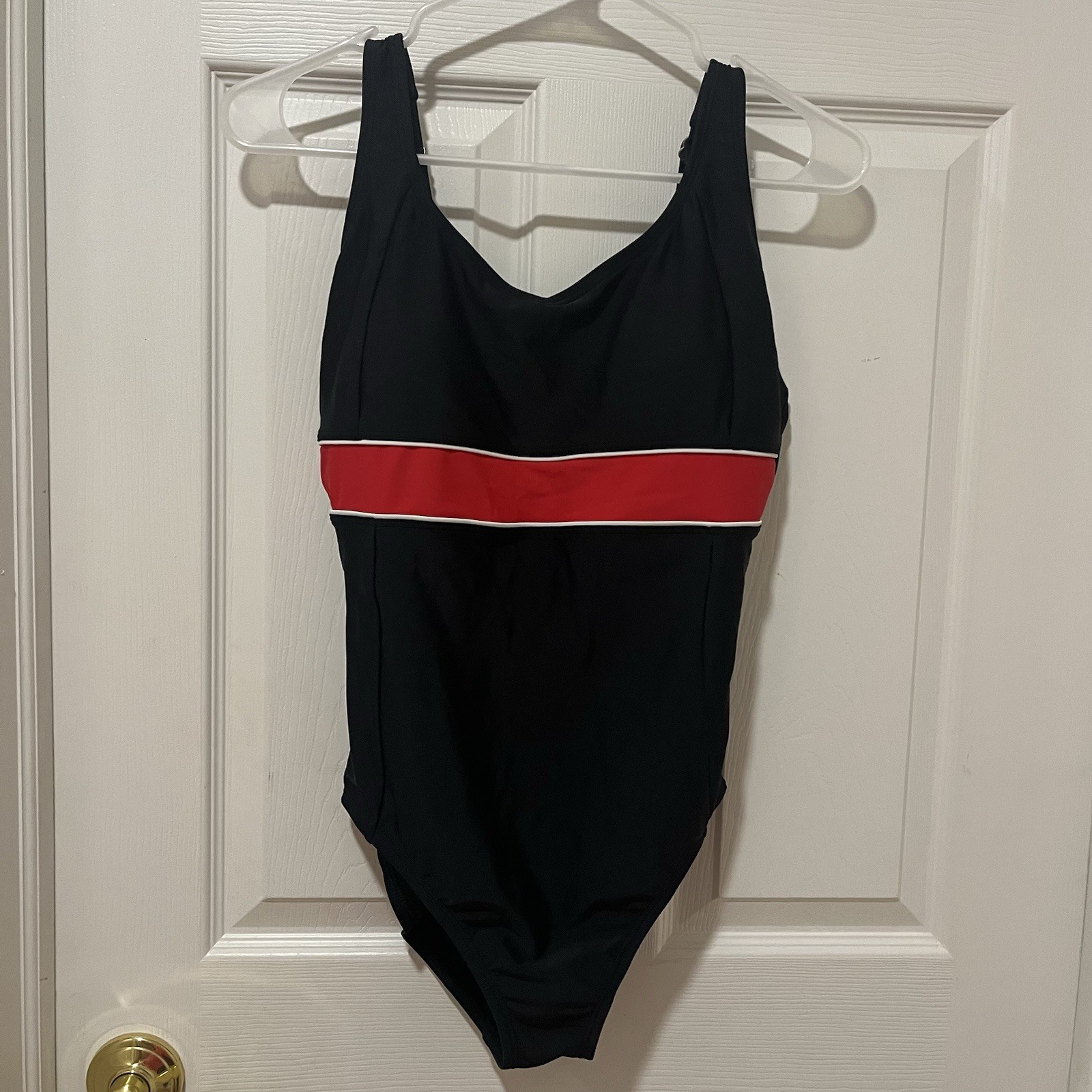Speedo Mind Over Power Flyback One Piece Swimsuit Black Red Racing Stripe Sz 10