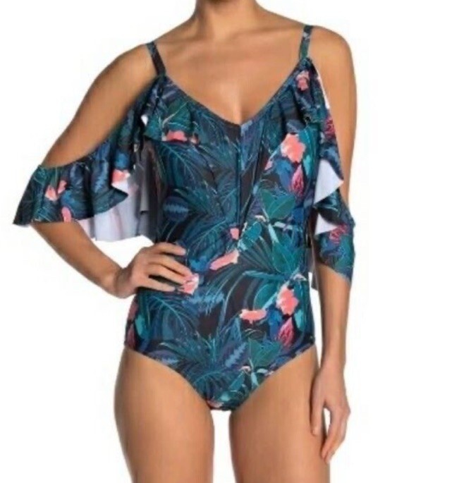 $120 Nicole Miller Ruffled Cold Shoulders One Piece Swimsuit Large Tropical