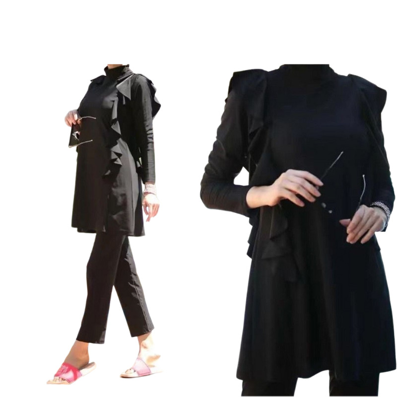 Women Full Coverage Ruffled Swimwear Pants Hat 3-Piece Muslim Swimsuit S-3XL