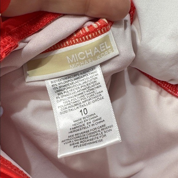 Michael Kors Womens Red V-Neck Ruched One Piece Swimsuit Gold Logo Ring Size 10