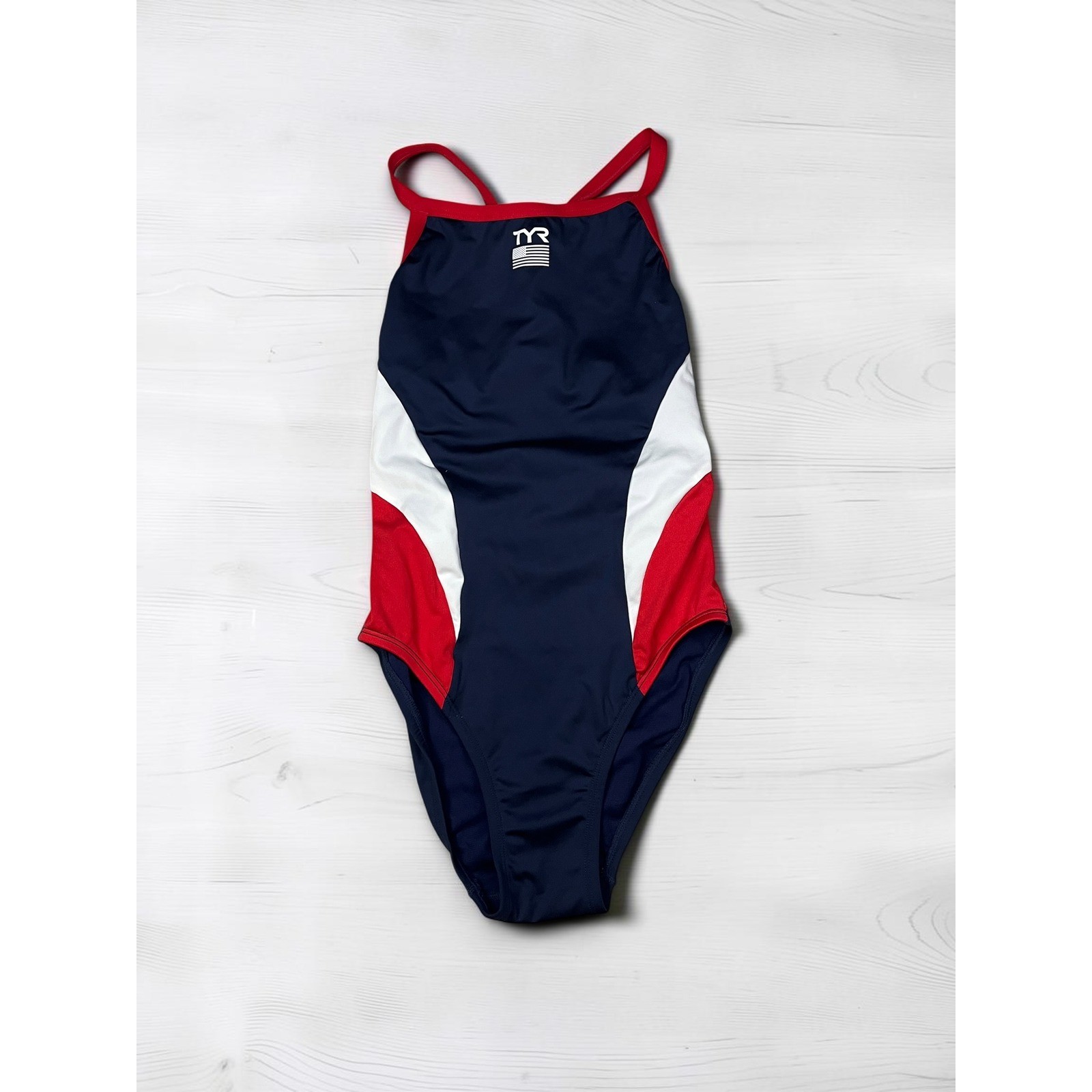 TYR Womens Patriotic Colorblock One Piece Swimsuit Navy Red White Size 32 M