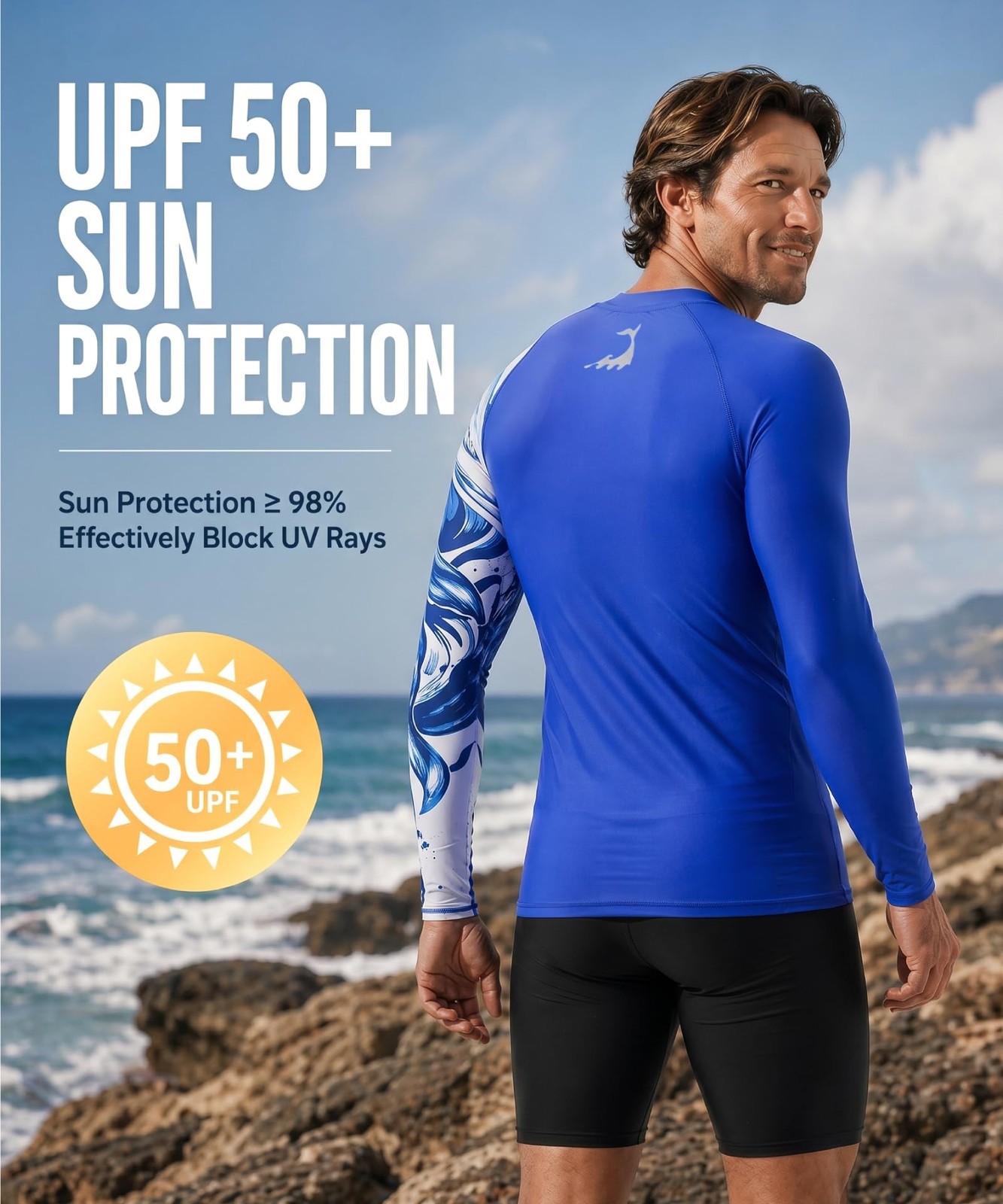 HUGE SPORTS Men’s Swim Shirts Long Sleeve UPF 50+ Rash Guard Sun Shirts UV Su…