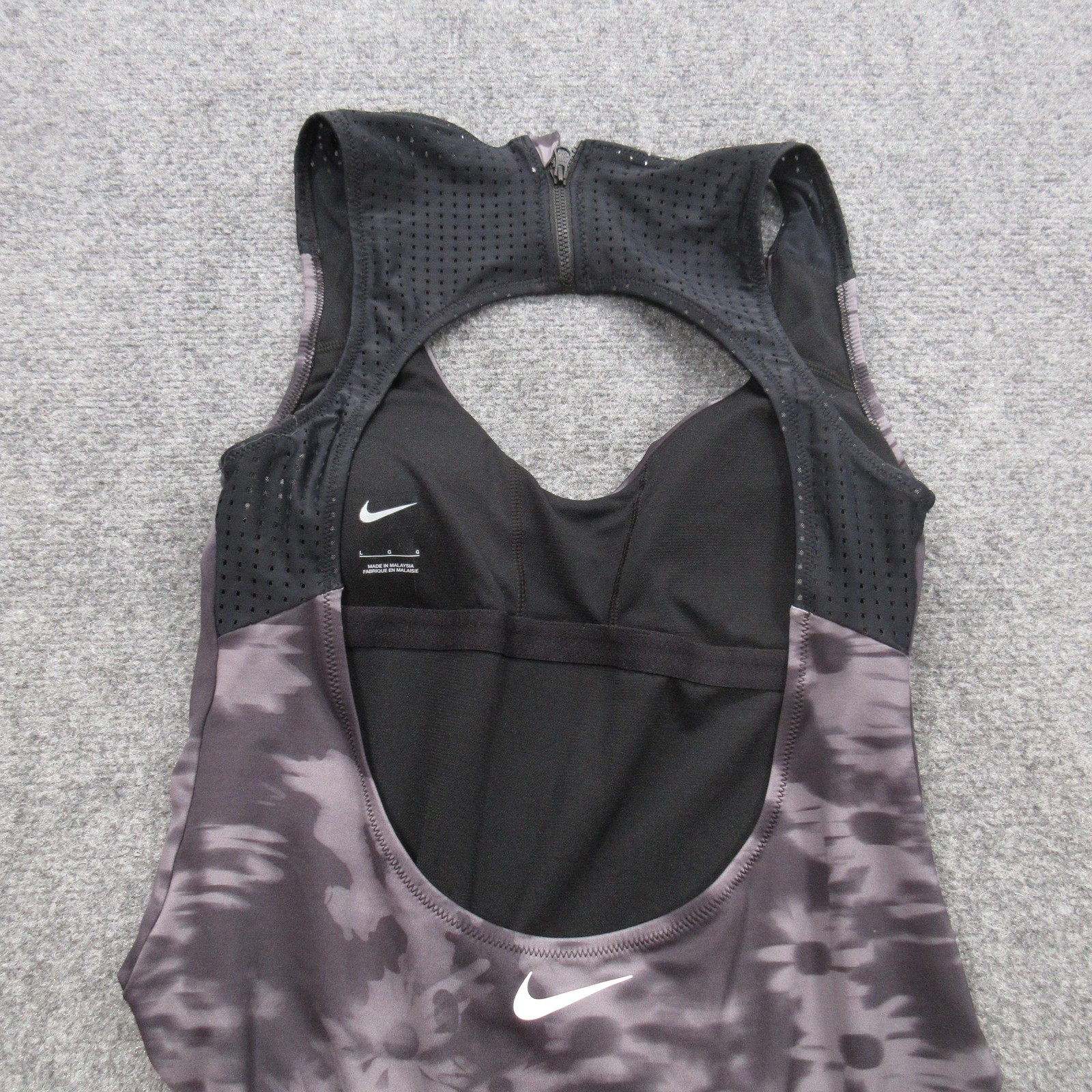 Nike Women’s One Piece Swimsuit Large Black Floral Zip Back Racer Athletic Suit
