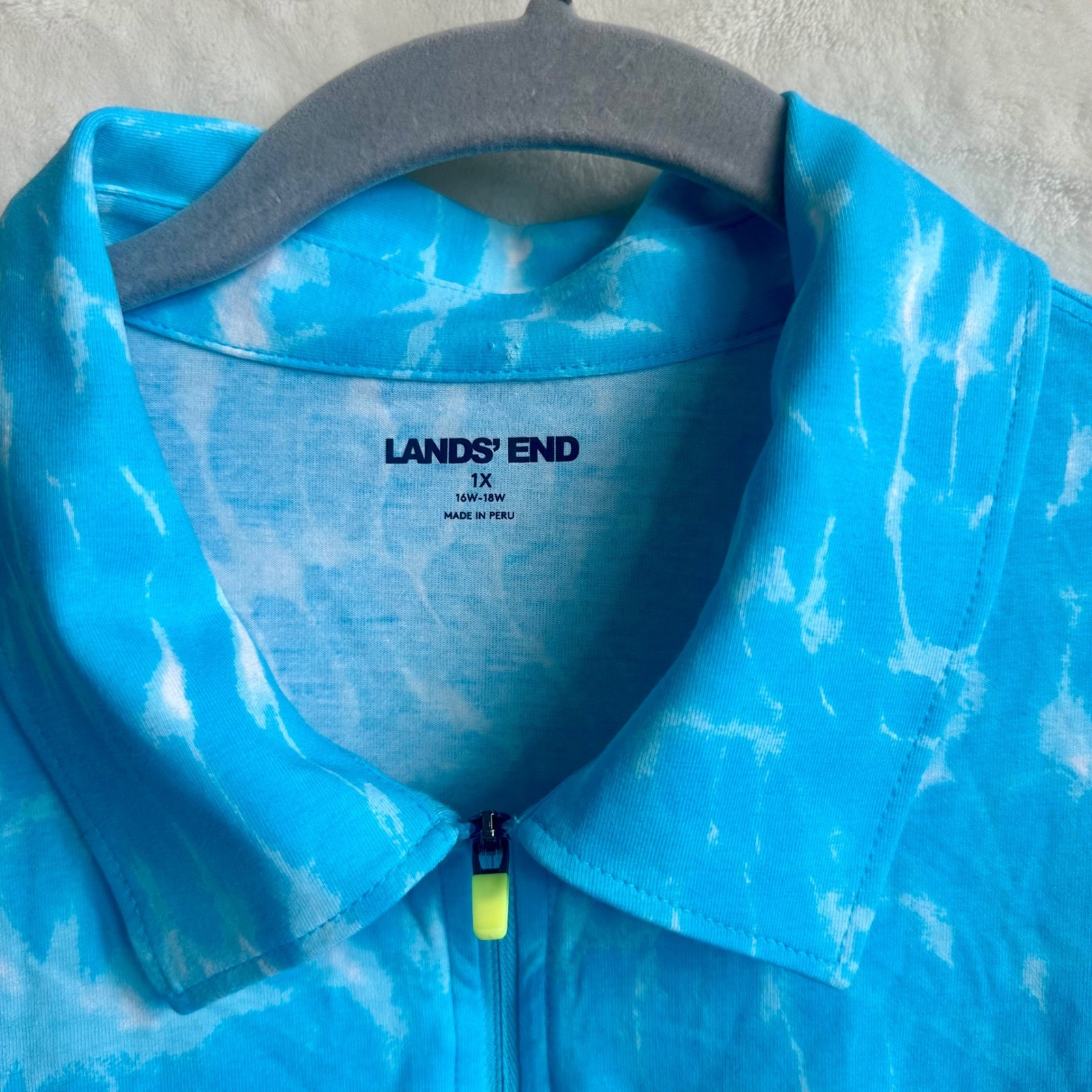 Lands End Aqua Blue Pool Water Print Cotton Modal 1/4 Zip Short Sleeve Top 1X