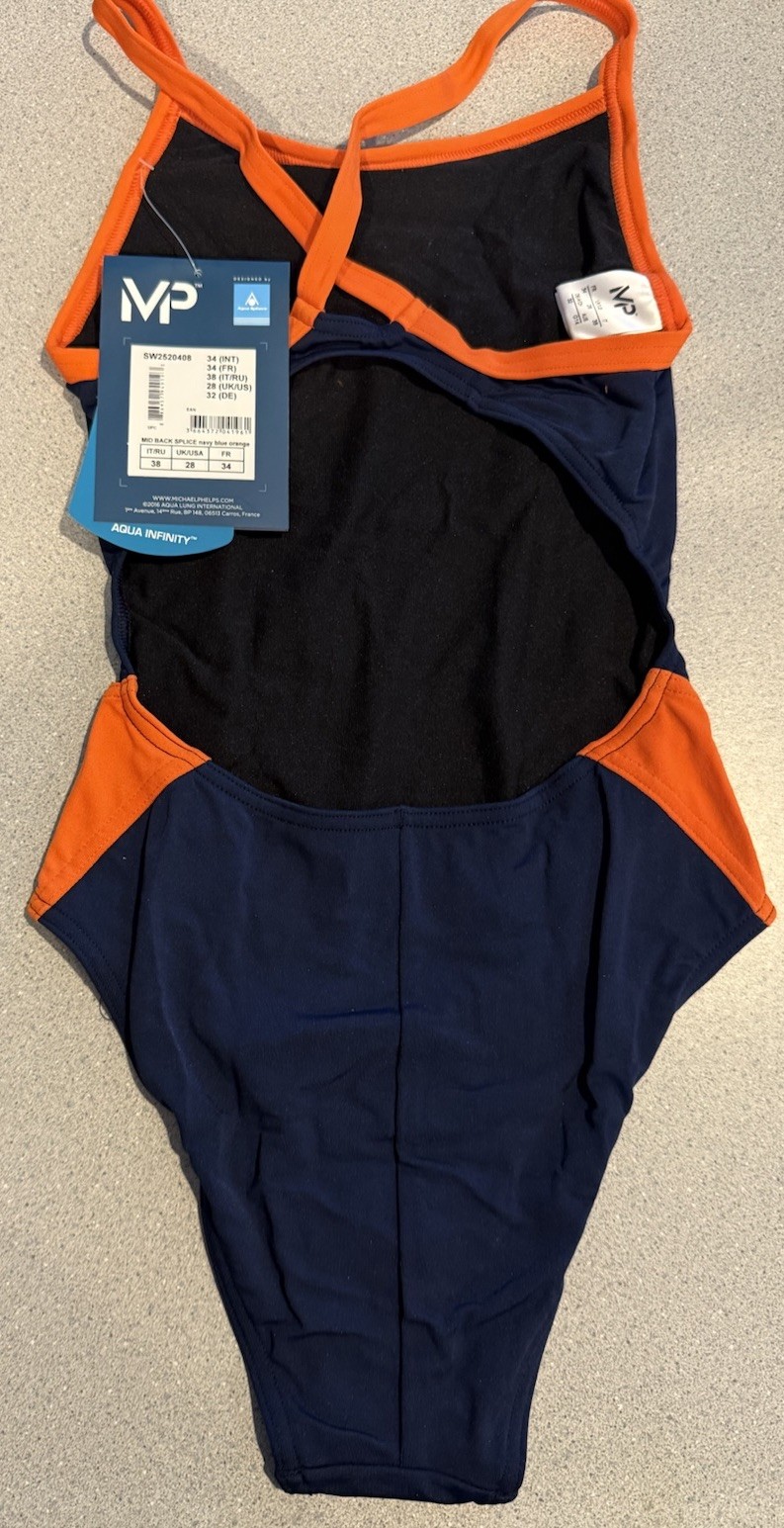 Size 28 Michael Phelps Mid Back Splice Navy Blue Orange Swimsuit NWT