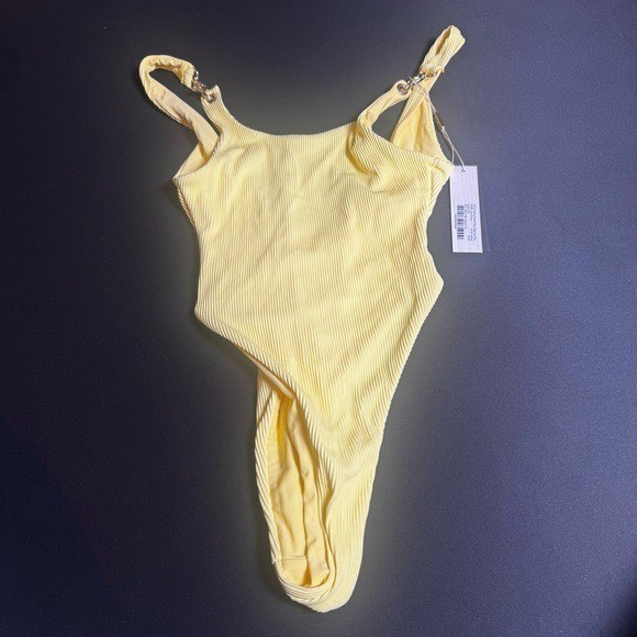 NWT Meshki Zara Yellow Ribbed Kids One-Piece Swimsuit Metal Ring