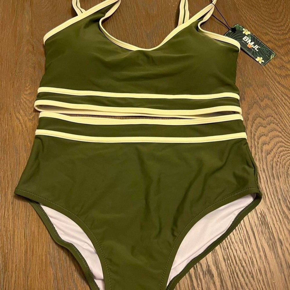 BMJL Womens Olive Green Sporty Scoop Neck High Waisted Two Piece Bikini Set M