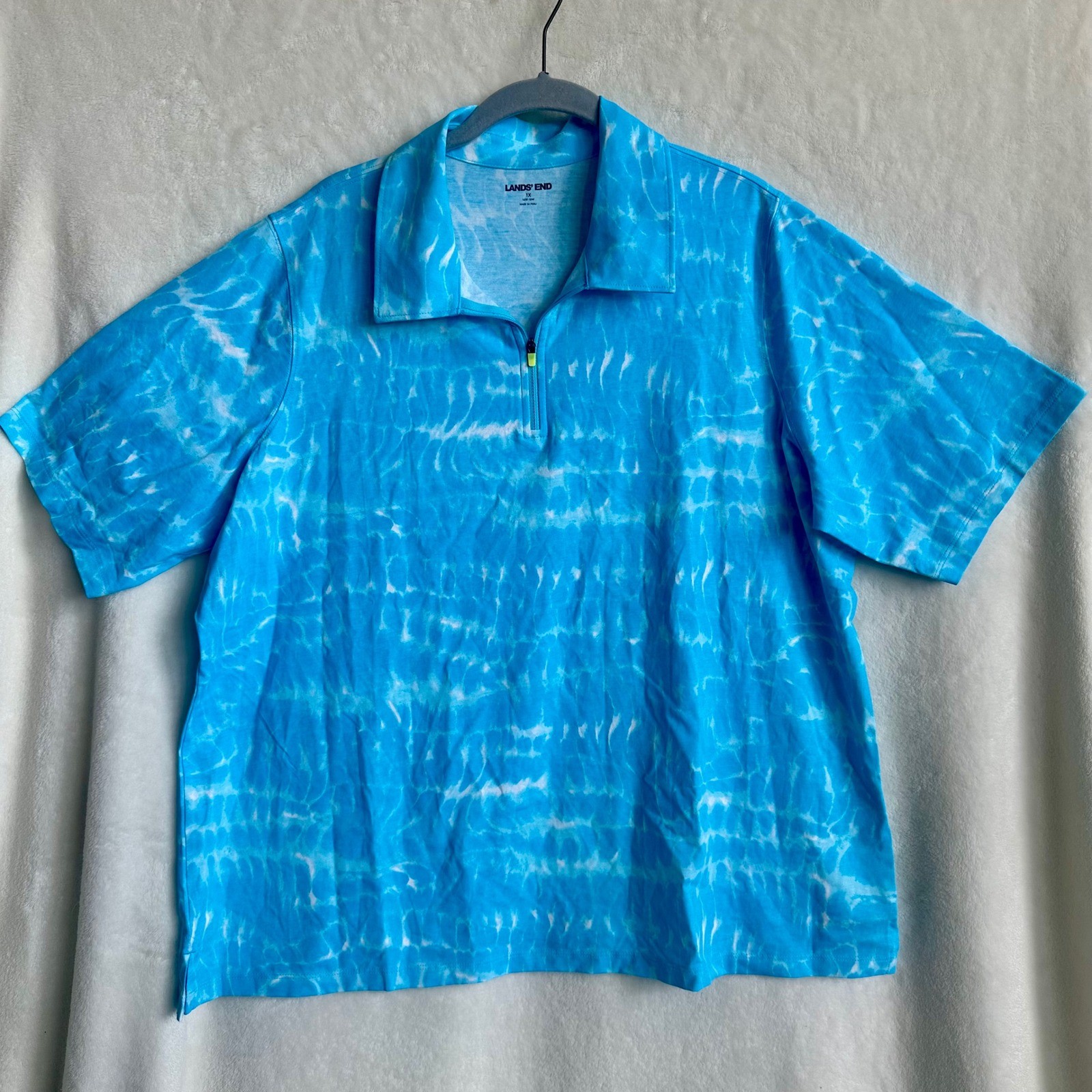 Lands End Aqua Blue Pool Water Print Cotton Modal 1/4 Zip Short Sleeve Top 1X