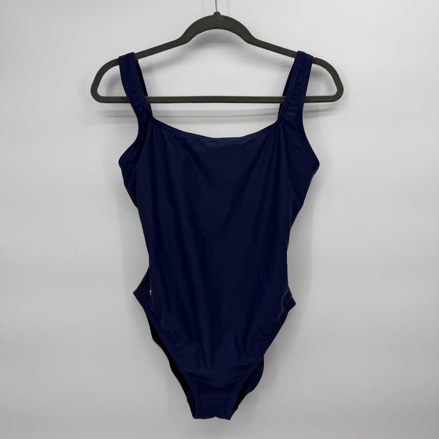 Speedo One Piece Sporty Swimsuit Navy Blue Scoop Neck Athletic Training 12