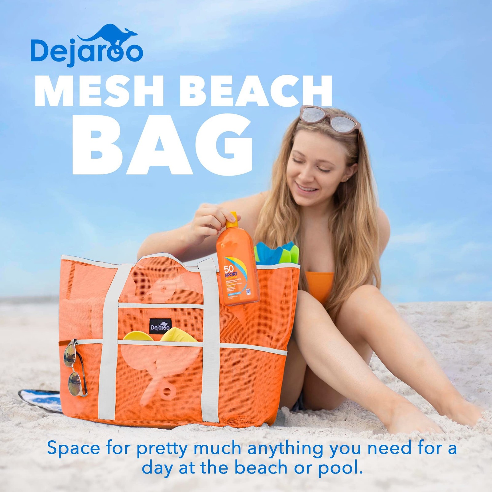 Dejaroo Mesh Beach Bag for Women, Large Sand Free Tote, 8 Pockets, Foldable 1…