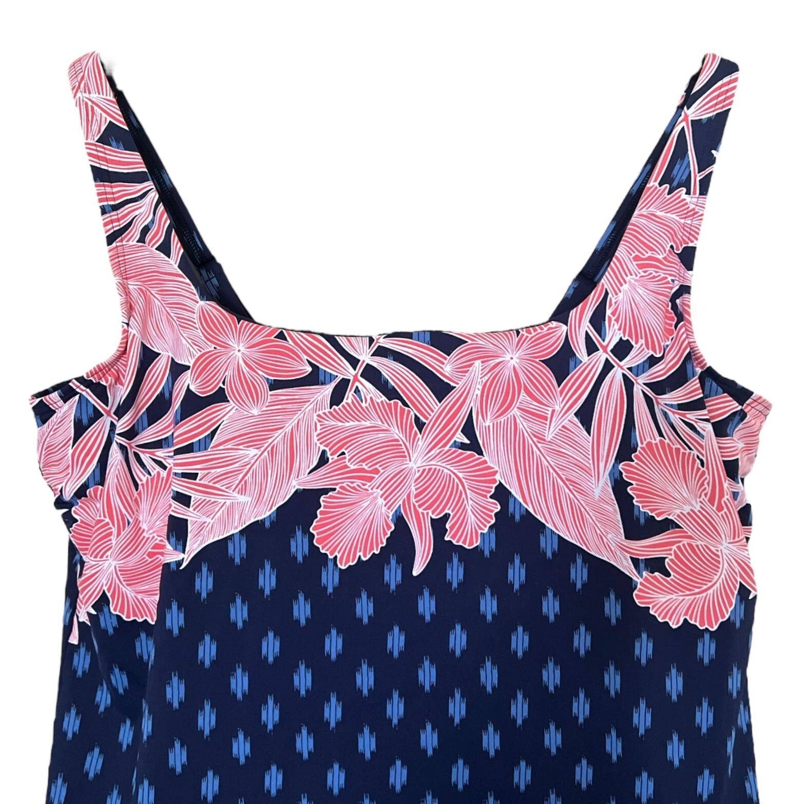 Lands’ End Women’s Tankini Top Sz 16 Square Neck Floral Ikat Print Built-In Bra