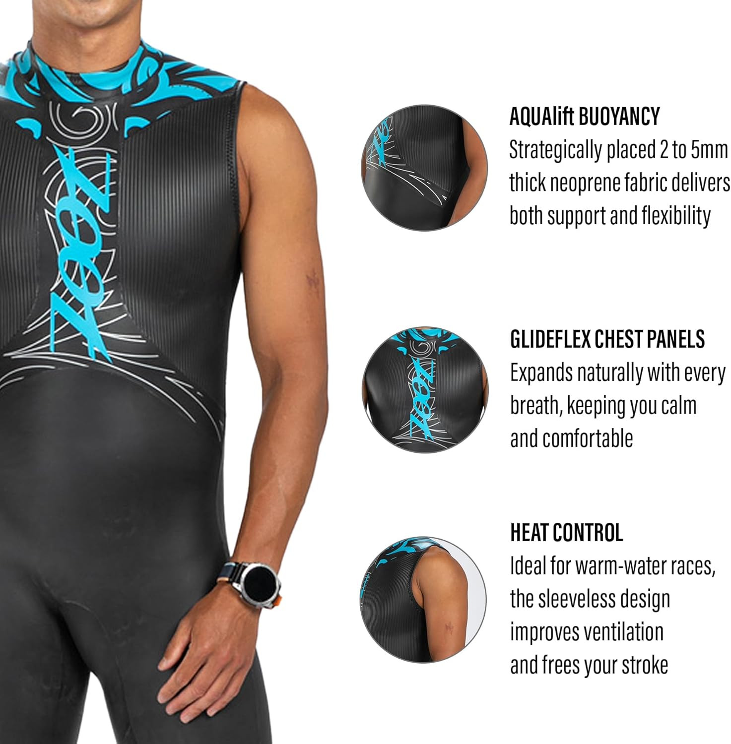 Men’S Manta Sleeveless Wetsuit, Yamamoto Neoprene Triathlon Suit with Hydrophobi