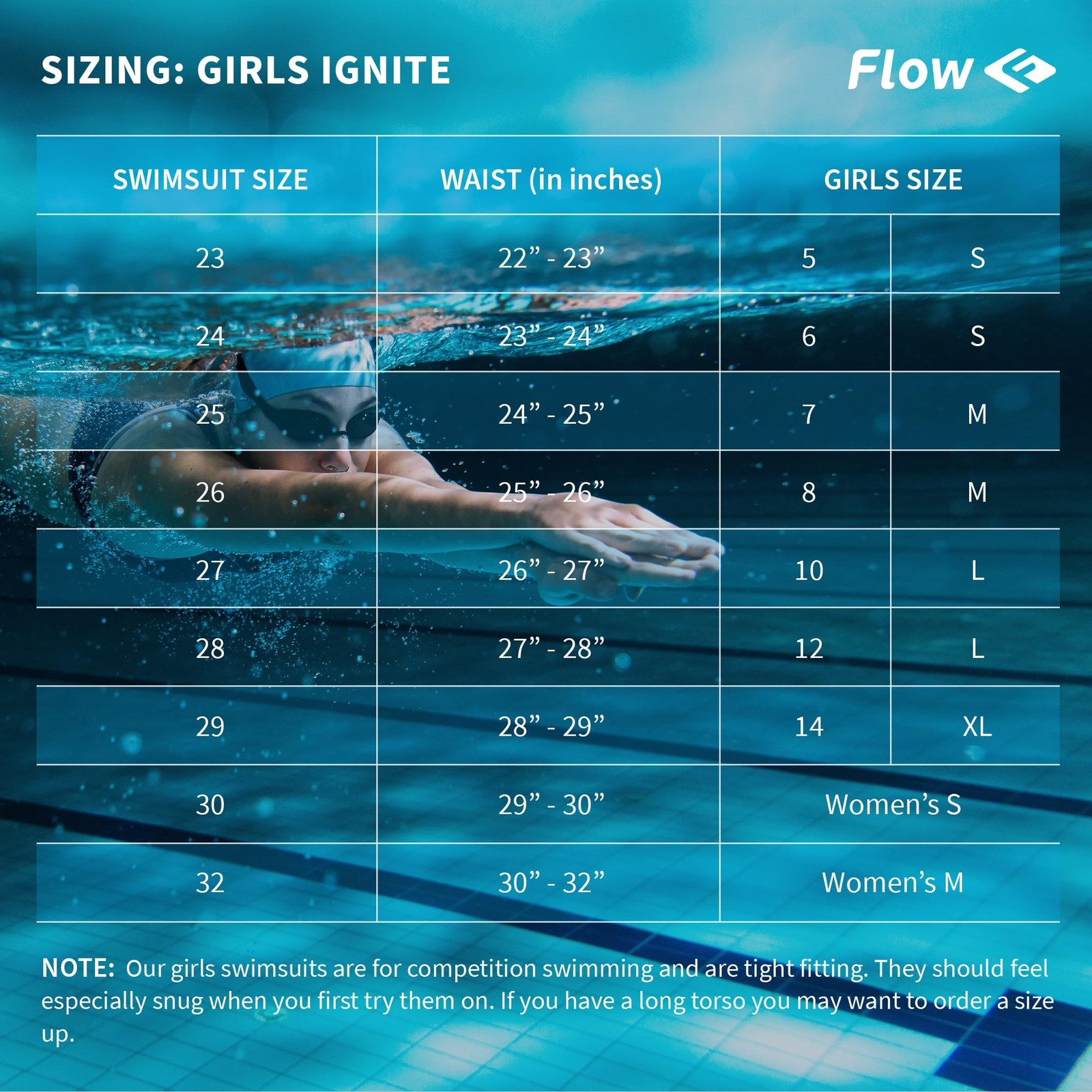 Flow Ignite Swimsuit for Girls – Size 23 to 32 One Piece Athletic Swim Suit f…