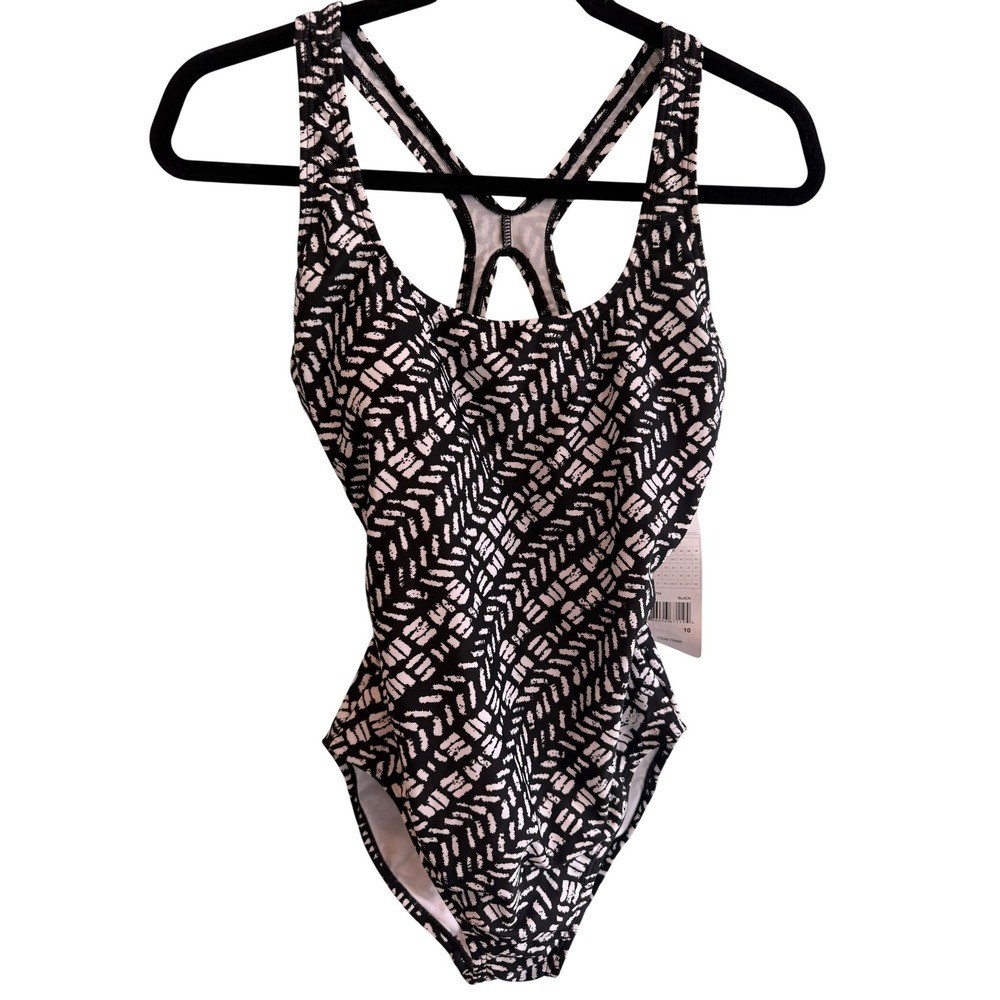 NWT Speedo Womens Black White Racerback Swimsuit Size 10 Athletic Pool Mnimalist