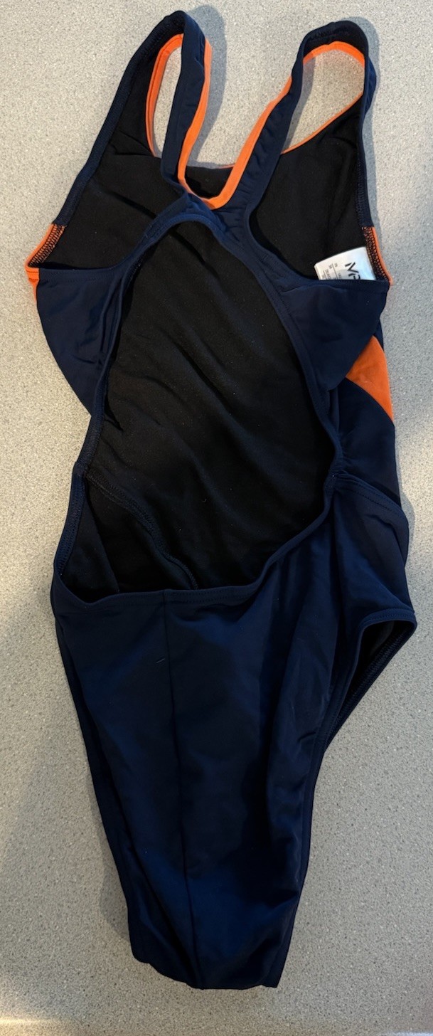 Size 32 Michael Phelps Comp Back Splice Navy Blue Orange Swimsuit NEW