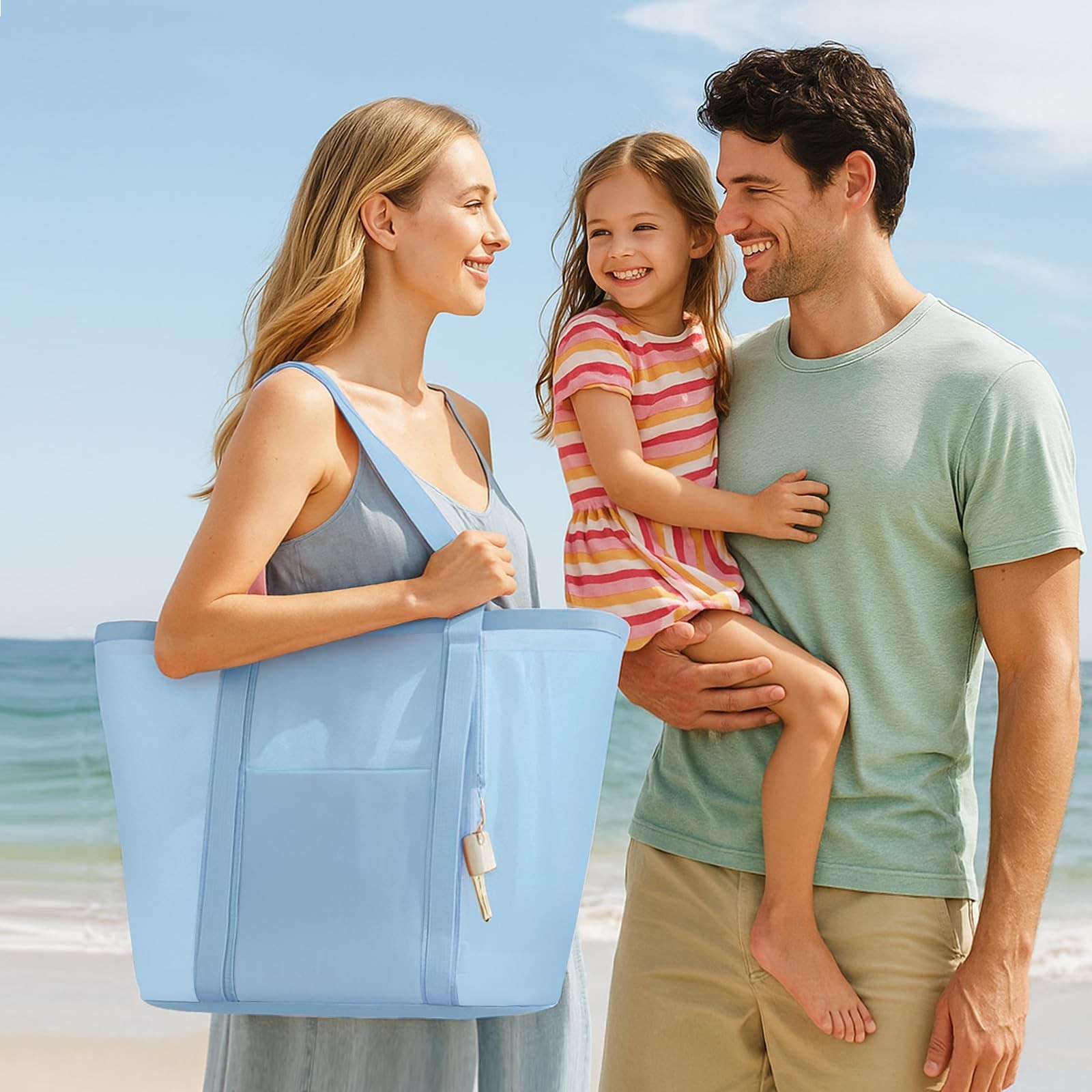 Mesh Beach Bag for Women with Towel Straps, Large Rinse-Through Beach Tote fo…