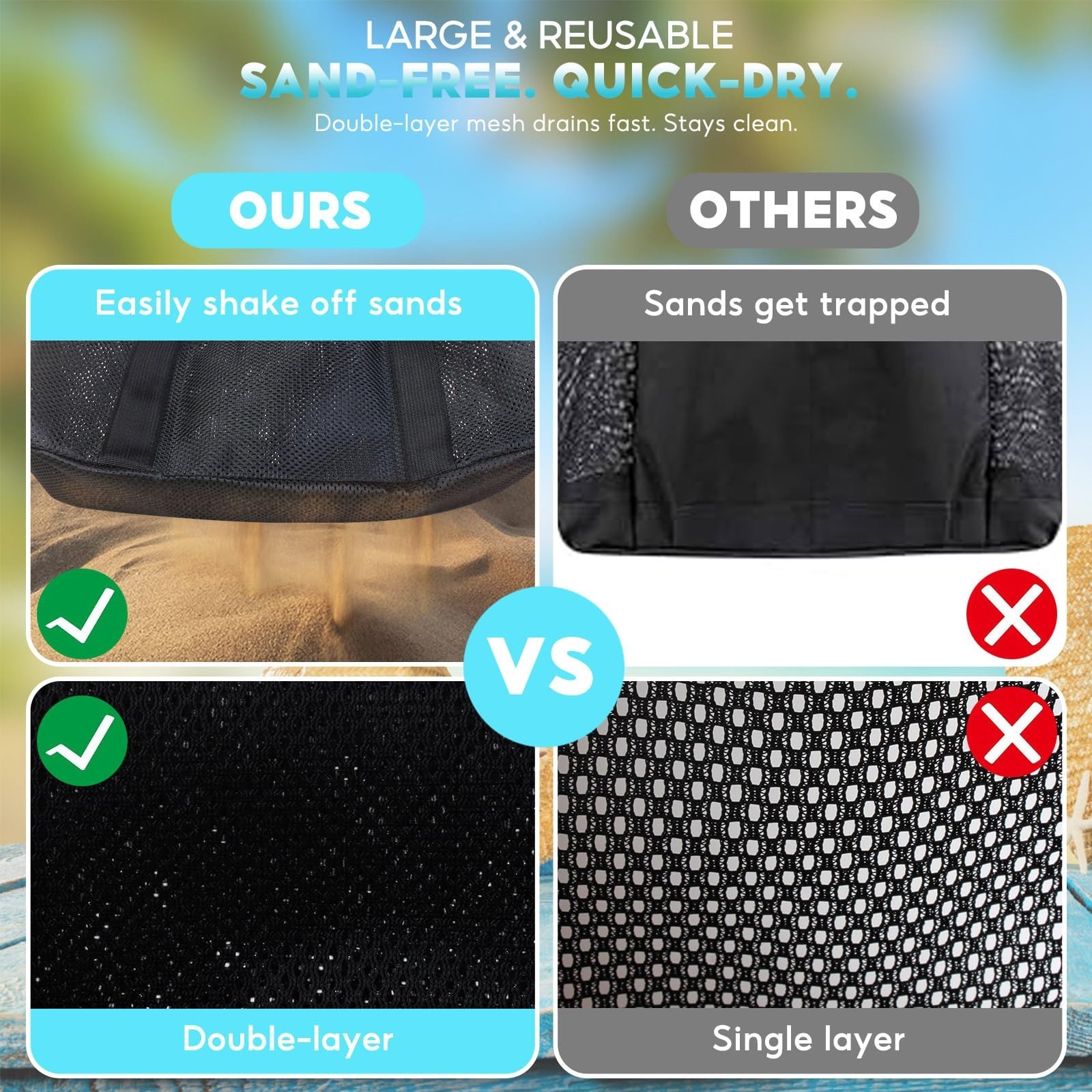 Large Mesh Beach Bag – Lightweight Beach Tote with 9 Pockets, Beach Bag fo