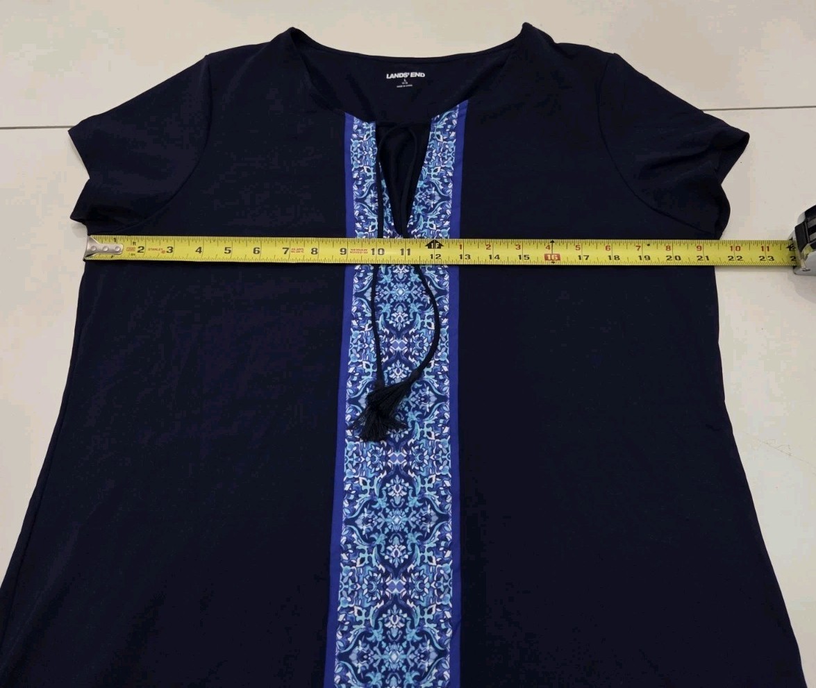Lands End Size L Swim Dress Cover Up Navy Blue Medallion Floral Trim Tassels