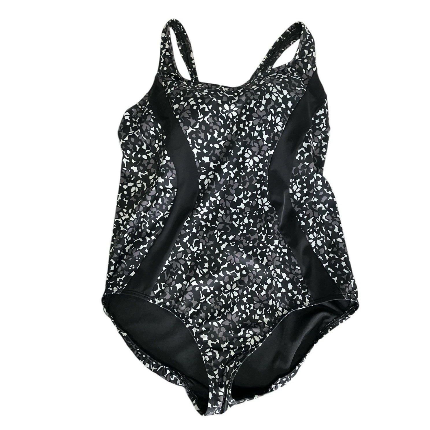Lands’ End One Piece Swimsuit Black Gray Floral Criss Cross Back 16P