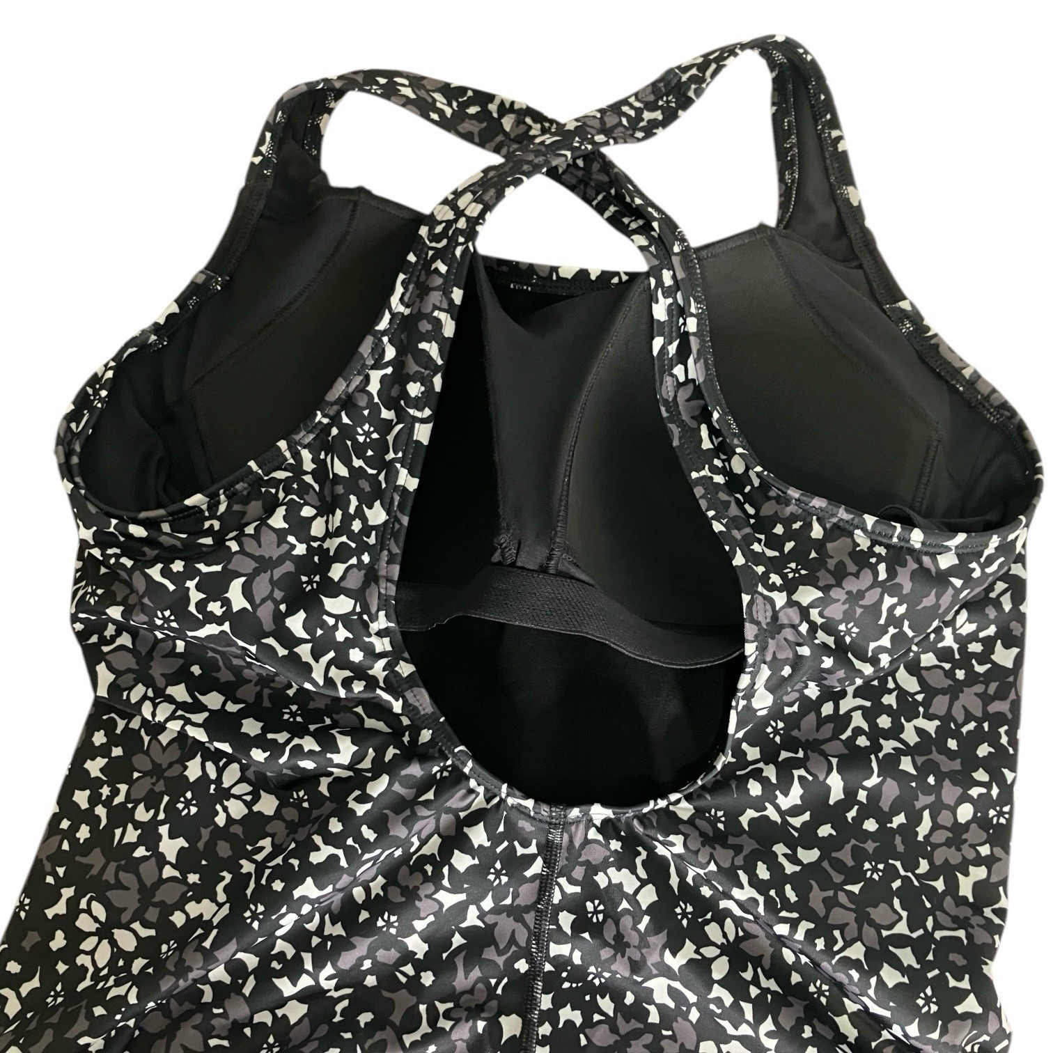 Lands’ End One Piece Swimsuit Black Gray Floral Criss Cross Back 16P
