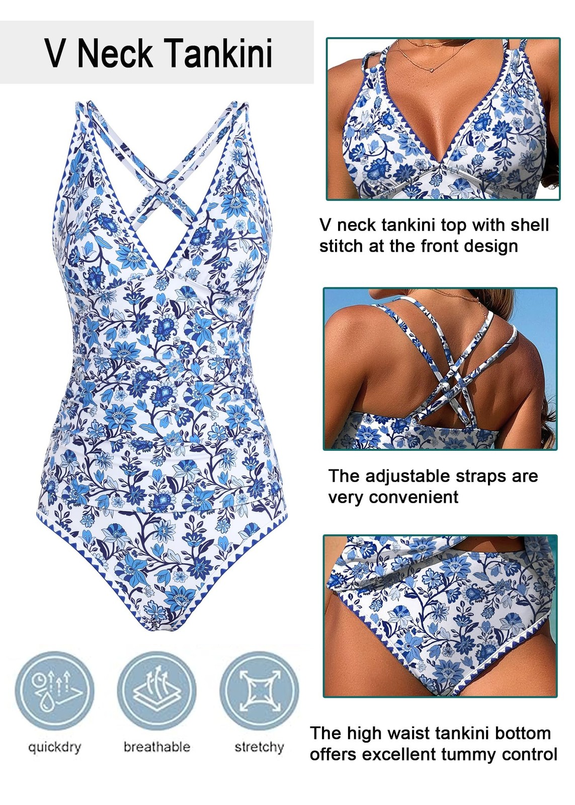 Womens V Neck Tankini Swimsuits Push Up Ruched Color Block Swim Top High Wais…