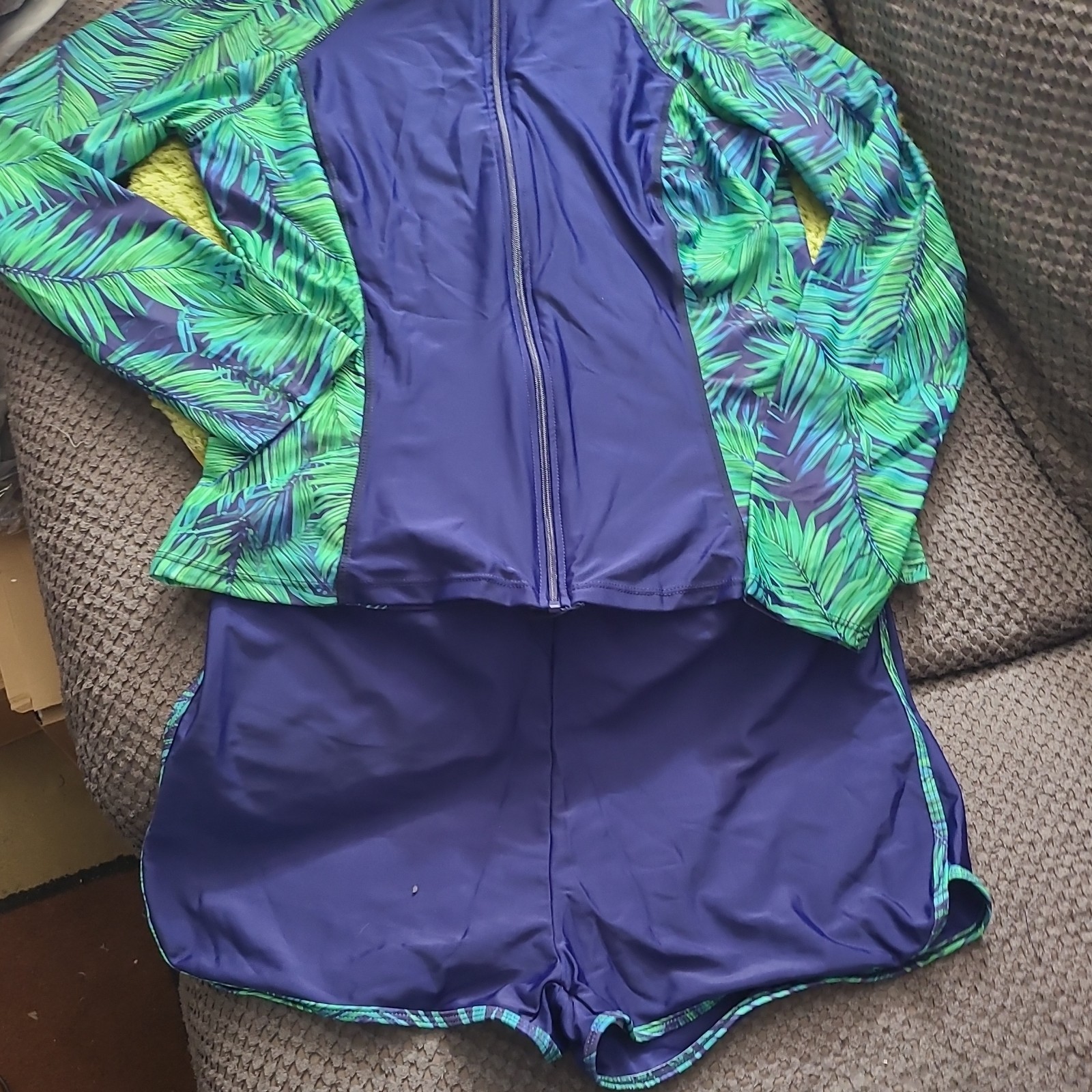 Women’s XXL Blue & Green Leaf Competitive Swimwear Set Zip Jacket Shorts