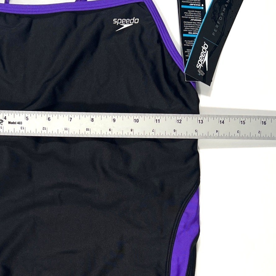 NWT Speedo Race II Powerflex Size 40/14 One Piece Swimsuit Black Purple Traning