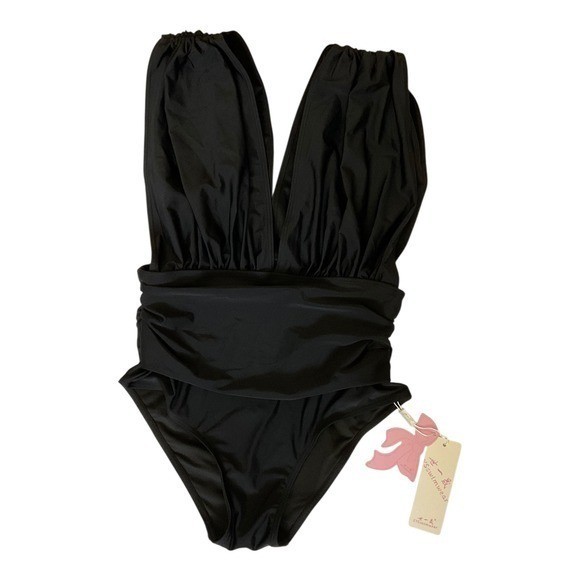 SHIYISHENG Swimsuit Deep V-Neck Ruched One Piece Womens Large Black