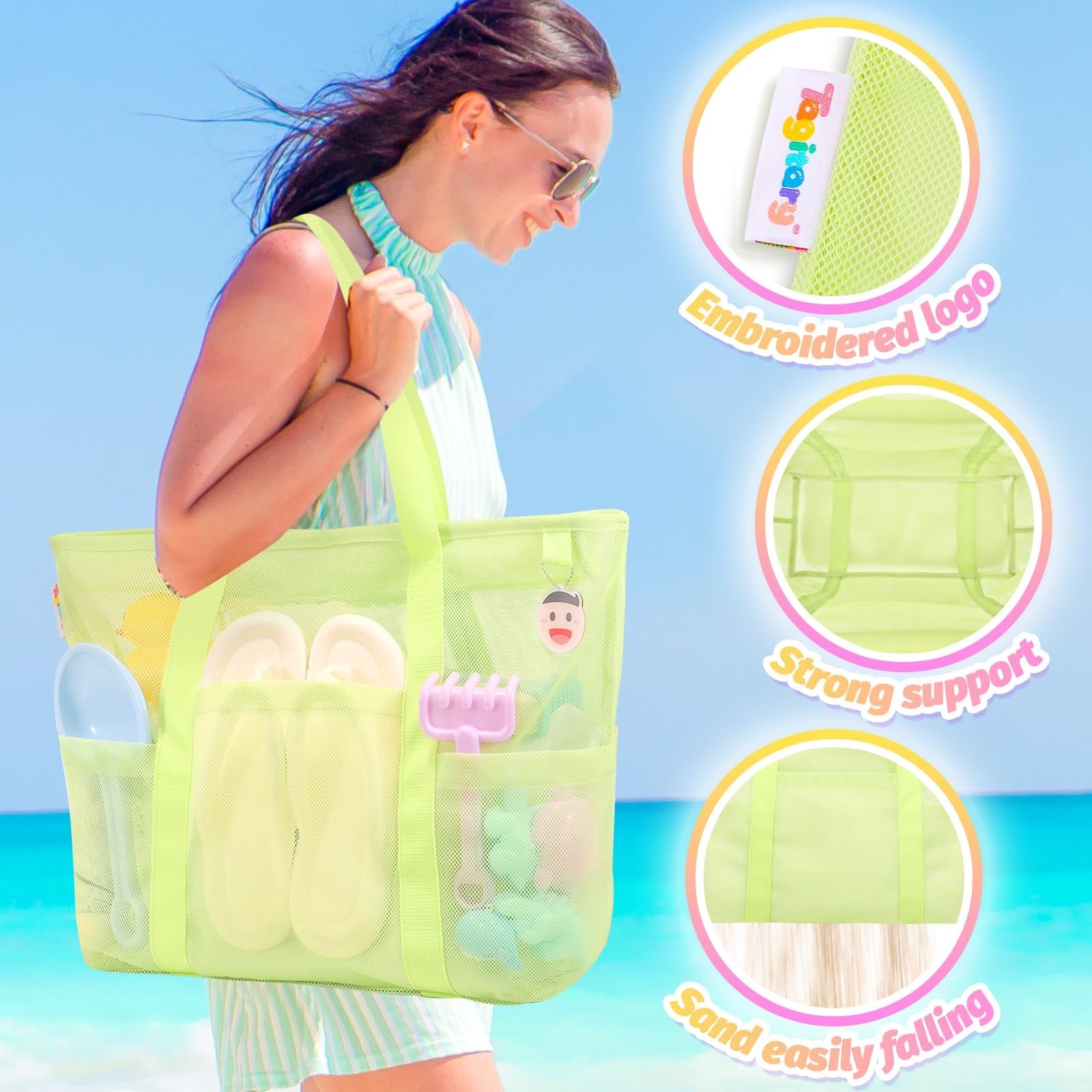 Tagitary Mesh Beach Bag with Zipper Large Beach Tote Waterproof Sandproof wit…